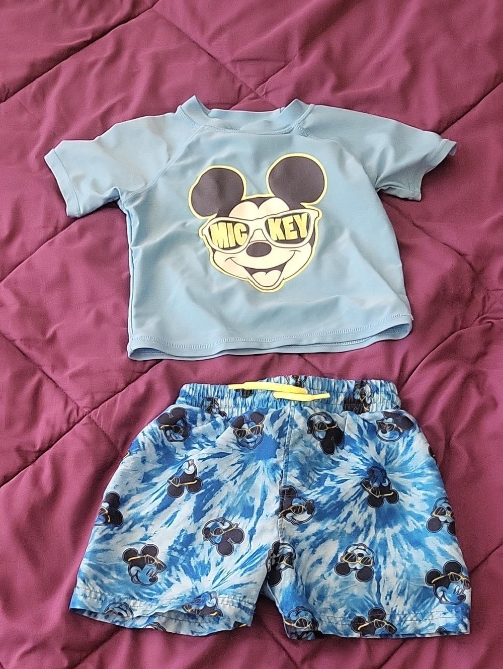 Disney Blue Mickey Mouse Rashguard and Tie-Dye Swim Shorts Set